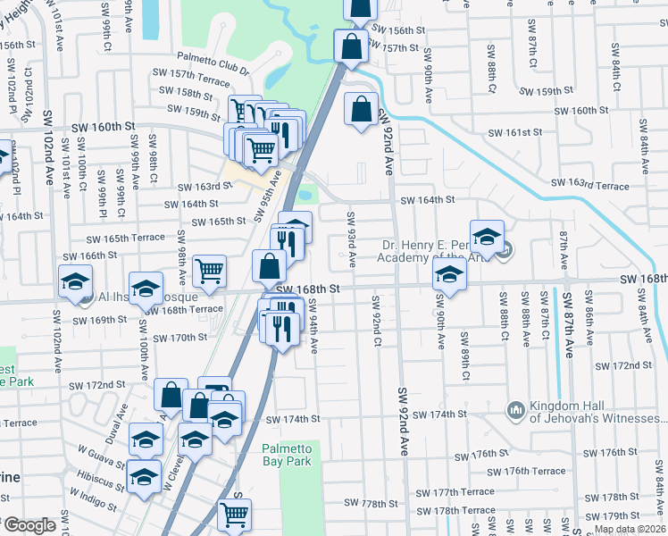 map of restaurants, bars, coffee shops, grocery stores, and more near 16644 Southwest 93rd Court in Palmetto Bay