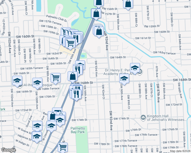 map of restaurants, bars, coffee shops, grocery stores, and more near 9299 Southwest 166th Terrace in Palmetto Bay