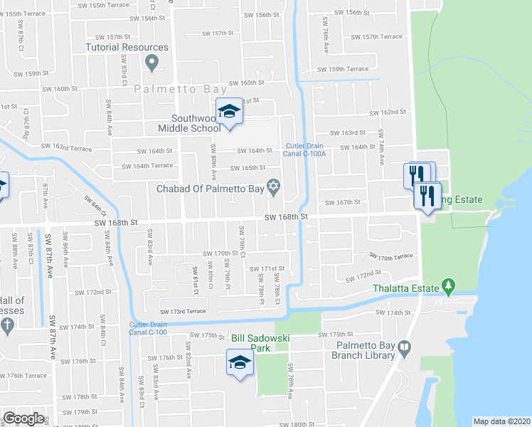 map of restaurants, bars, coffee shops, grocery stores, and more near 16751 Southwest 78th Court in Palmetto Bay