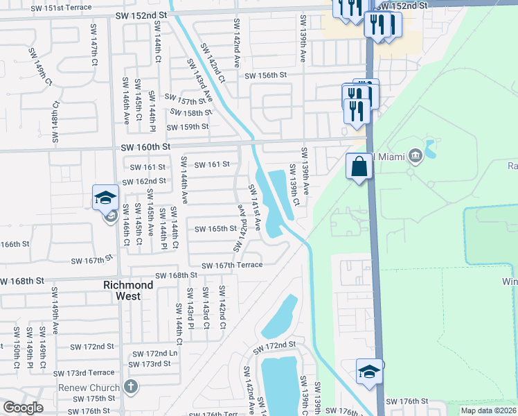 map of restaurants, bars, coffee shops, grocery stores, and more near 16341 Southwest 141st Avenue in Miami