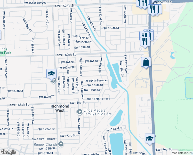 map of restaurants, bars, coffee shops, grocery stores, and more near 14263 Southwest 163rd Terrace in Miami