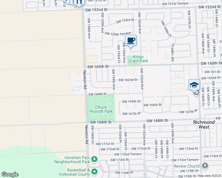 map of restaurants, bars, coffee shops, grocery stores, and more near 15422 Southwest 163rd Street in Miami