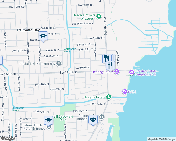 map of restaurants, bars, coffee shops, grocery stores, and more near 7490 Southwest 167th Street in Palmetto Bay