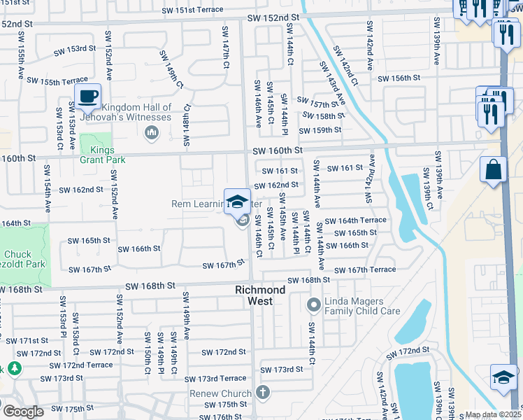 map of restaurants, bars, coffee shops, grocery stores, and more near 16341 Southwest 146th Court in Miami