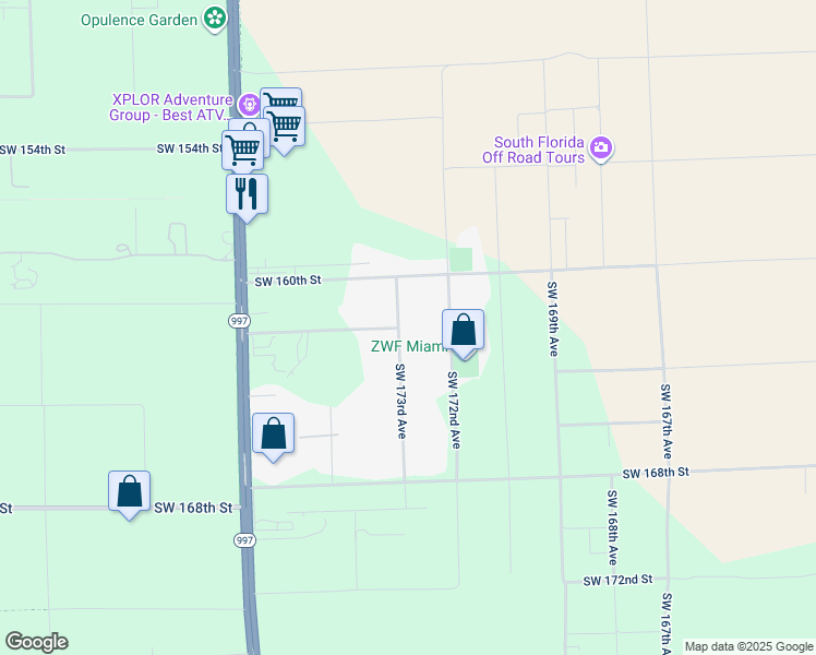 map of restaurants, bars, coffee shops, grocery stores, and more near 16035 Southwest 173rd Avenue in Miami