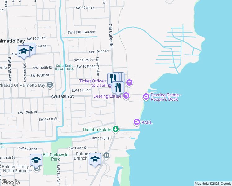 map of restaurants, bars, coffee shops, grocery stores, and more near 16777 Old Cutler Road in Palmetto Bay