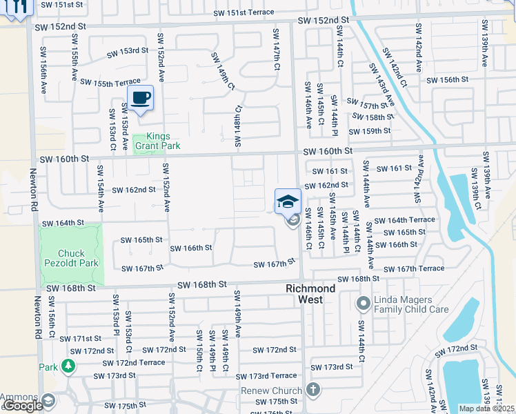 map of restaurants, bars, coffee shops, grocery stores, and more near 16330 Southwest 147th Avenue in Miami