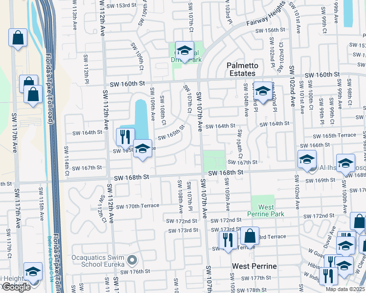 map of restaurants, bars, coffee shops, grocery stores, and more near 10745 Southwest 166th Terrace in Miami