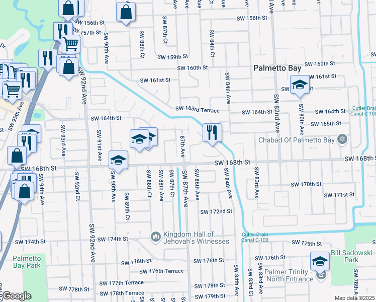 map of restaurants, bars, coffee shops, grocery stores, and more near 16720 Southwest 86th Court in Palmetto Bay
