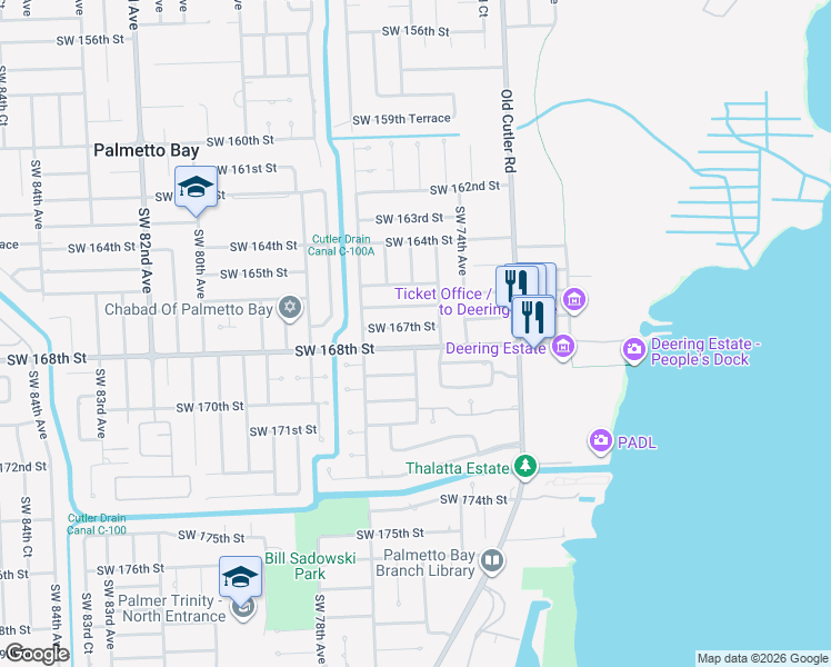 map of restaurants, bars, coffee shops, grocery stores, and more near 7490 Southwest 167th Street in Palmetto Bay