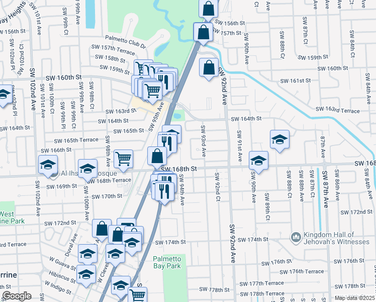 map of restaurants, bars, coffee shops, grocery stores, and more near 16644 Southwest 93rd Court in Palmetto Bay