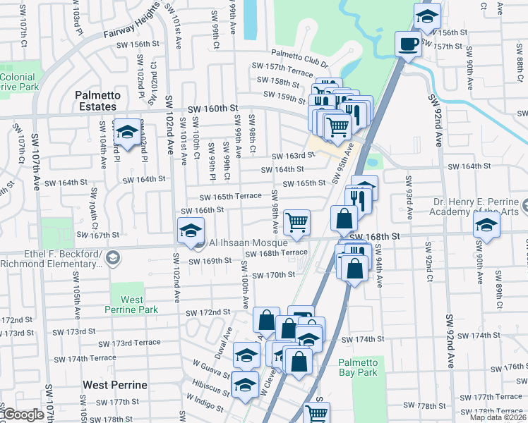 map of restaurants, bars, coffee shops, grocery stores, and more near 9820 SW 166th St in Miami