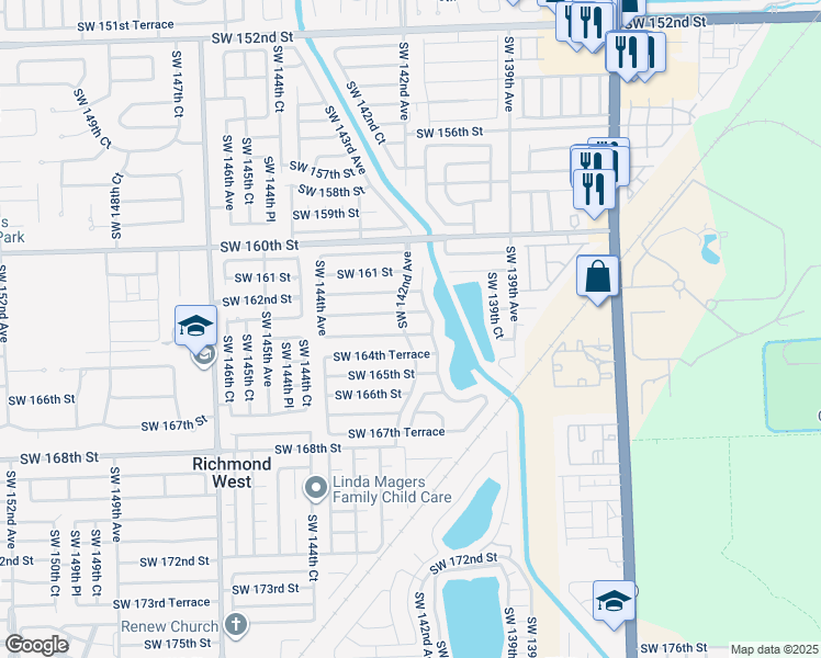 map of restaurants, bars, coffee shops, grocery stores, and more near 14195 Southwest 163rd Terrace in Miami