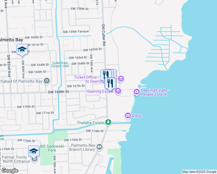 map of restaurants, bars, coffee shops, grocery stores, and more near 16767 Old Cutler Road in Palmetto Bay