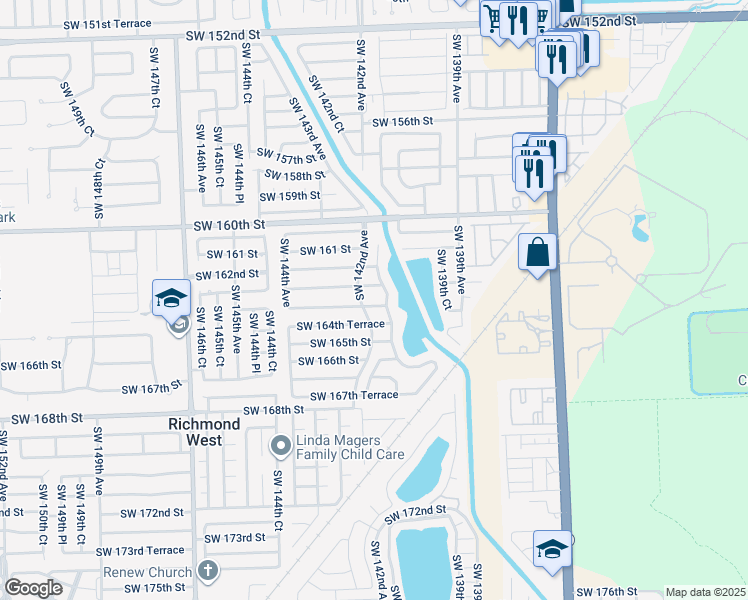 map of restaurants, bars, coffee shops, grocery stores, and more near 14195 Southwest 163rd Terrace in Miami