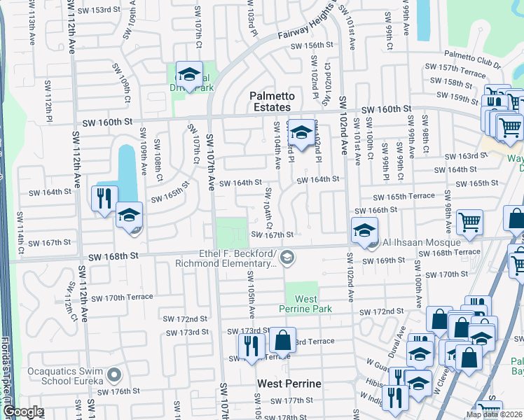 map of restaurants, bars, coffee shops, grocery stores, and more near 16534 Southwest 104th Court in Miami