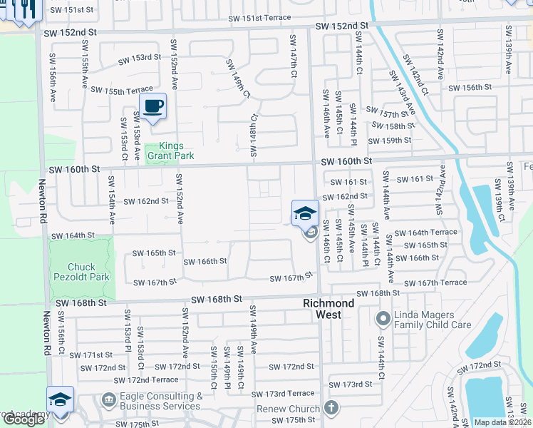map of restaurants, bars, coffee shops, grocery stores, and more near 16330 Southwest 147th Avenue in Miami