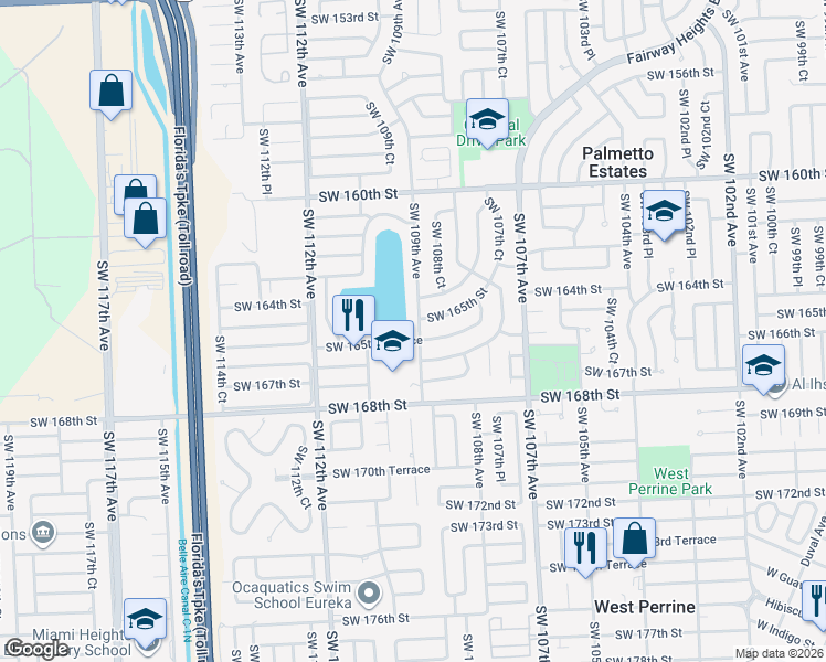 map of restaurants, bars, coffee shops, grocery stores, and more near 16510 Southwest 109th Avenue in Miami