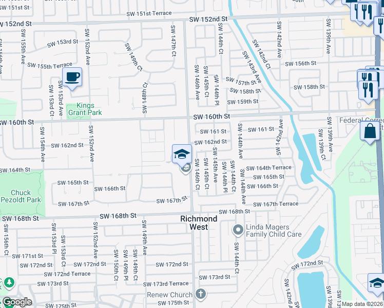map of restaurants, bars, coffee shops, grocery stores, and more near 16300 Southwest 146th Court in Miami