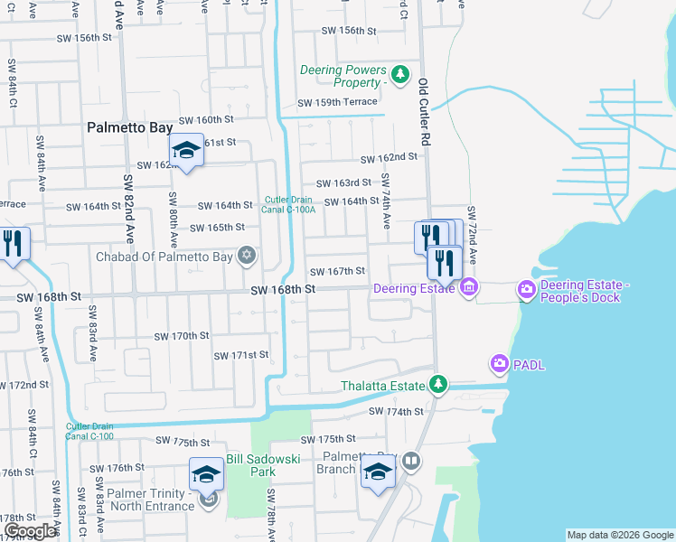 map of restaurants, bars, coffee shops, grocery stores, and more near 7490 Southwest 167th Street in Palmetto Bay