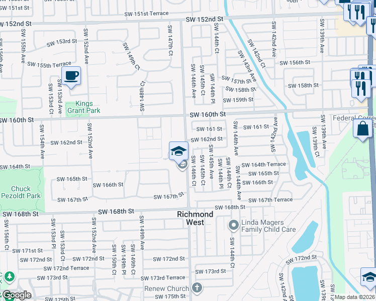 map of restaurants, bars, coffee shops, grocery stores, and more near 16300 Southwest 146th Court in Miami