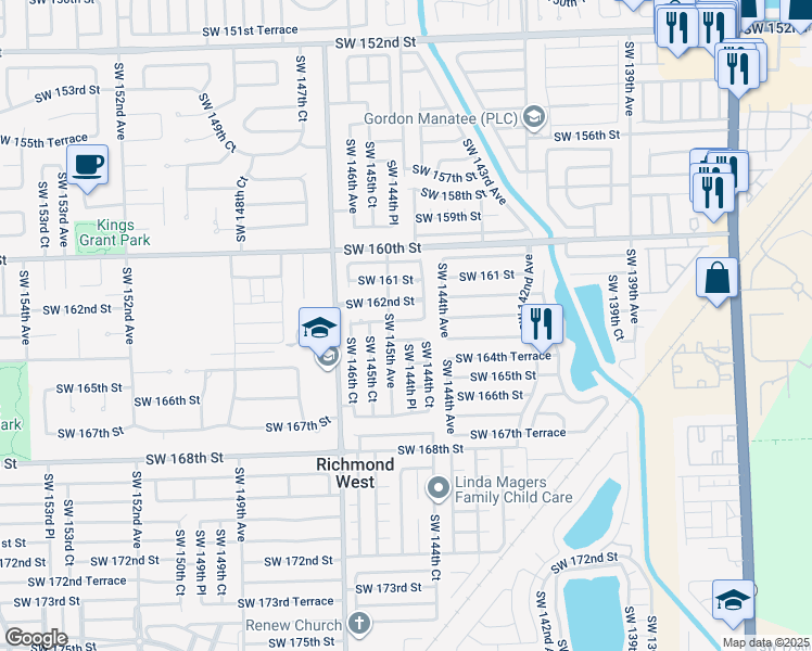 map of restaurants, bars, coffee shops, grocery stores, and more near 14450 Southwest 163rd Street in Miami