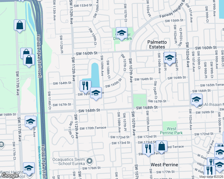 map of restaurants, bars, coffee shops, grocery stores, and more near 10805 Southwest 165th Terrace in Miami