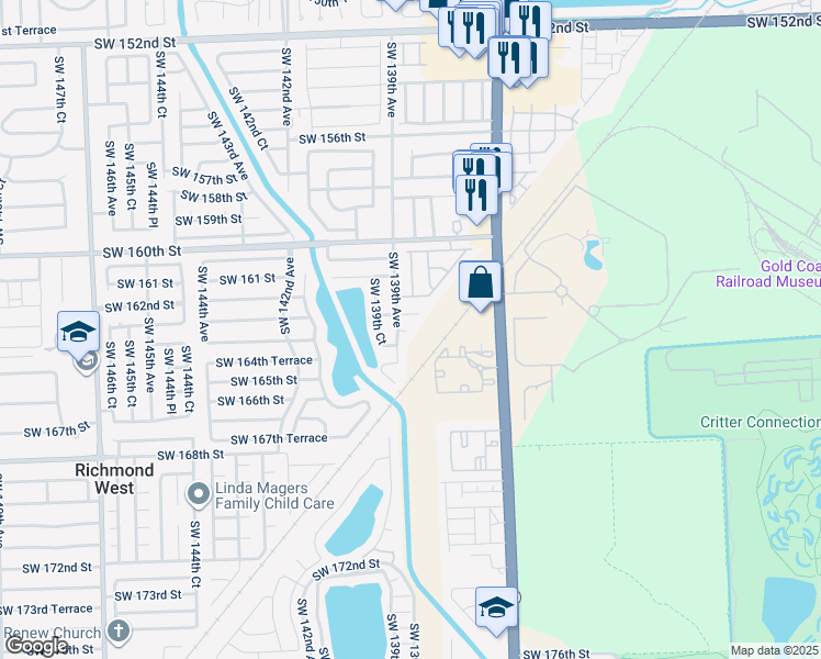map of restaurants, bars, coffee shops, grocery stores, and more near 13855 Southwest 163rd Terrace in Miami