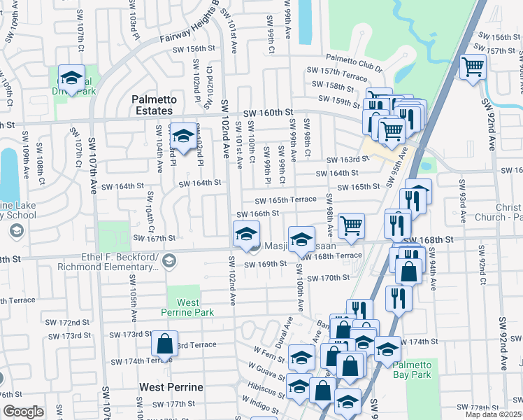 map of restaurants, bars, coffee shops, grocery stores, and more near 10005 Southwest 166th Street in Miami