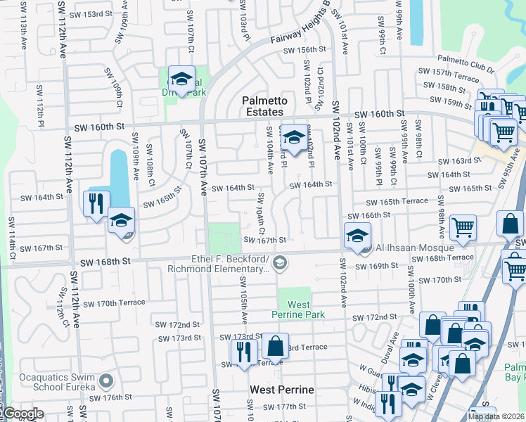 map of restaurants, bars, coffee shops, grocery stores, and more near 16534 Southwest 104th Court in Miami