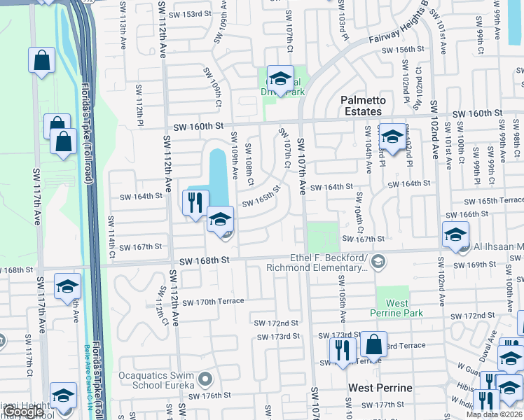 map of restaurants, bars, coffee shops, grocery stores, and more near 10805 Southwest 165th Terrace in Miami