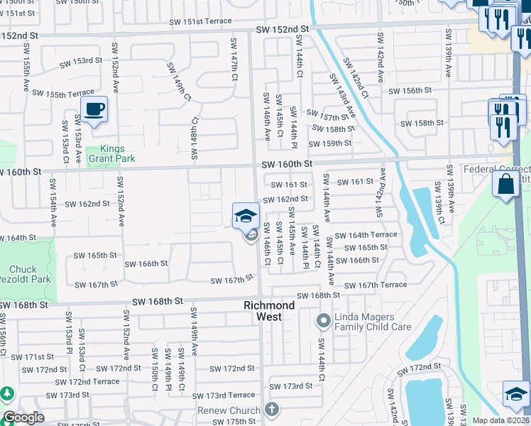 map of restaurants, bars, coffee shops, grocery stores, and more near 16300 Southwest 146th Court in Miami
