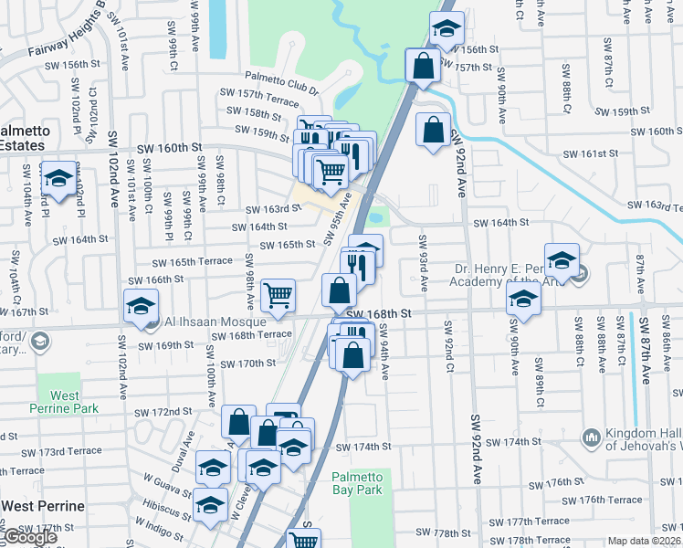 map of restaurants, bars, coffee shops, grocery stores, and more near 16600 South Dixie Highway in Miami