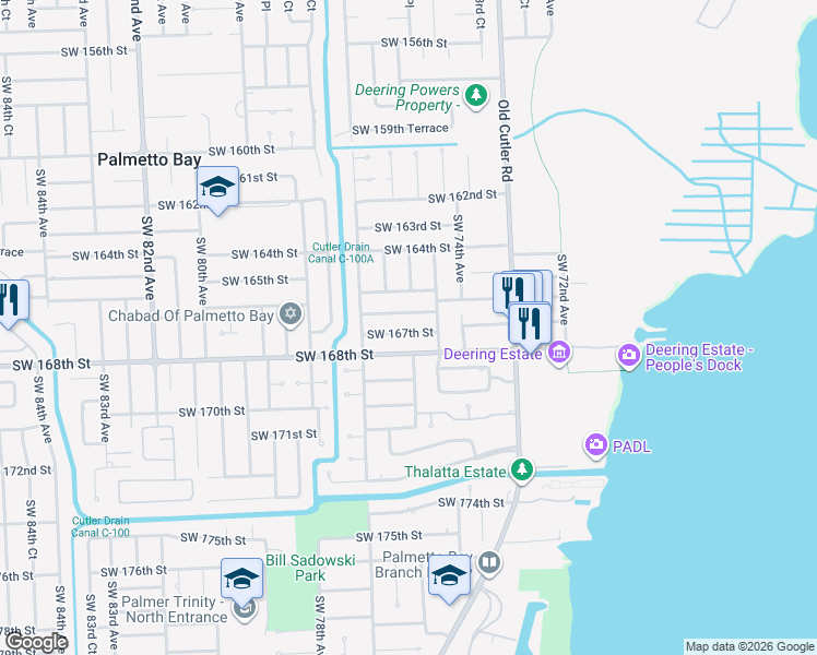 map of restaurants, bars, coffee shops, grocery stores, and more near 7490 Southwest 167th Street in Palmetto Bay