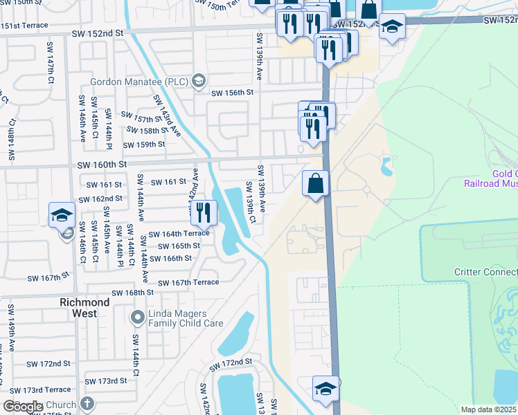 map of restaurants, bars, coffee shops, grocery stores, and more near 13855 Southwest 163rd Terrace in Miami
