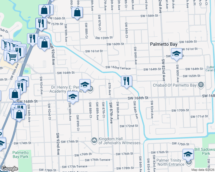 map of restaurants, bars, coffee shops, grocery stores, and more near 16720 Southwest 86th Court in Palmetto Bay