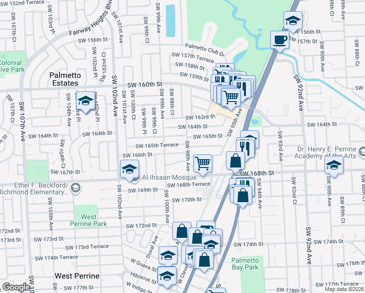 map of restaurants, bars, coffee shops, grocery stores, and more near 9820 Southwest 166th Street in Miami