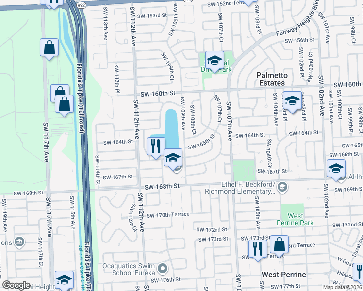 map of restaurants, bars, coffee shops, grocery stores, and more near 16510 Southwest 109th Avenue in Miami