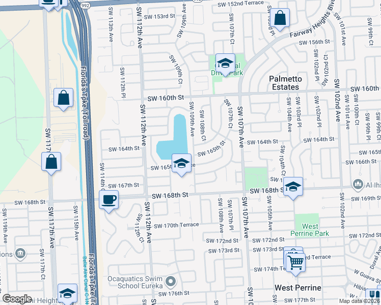 map of restaurants, bars, coffee shops, grocery stores, and more near 16510 Southwest 109th Avenue in Miami