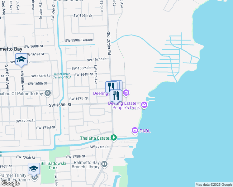 map of restaurants, bars, coffee shops, grocery stores, and more near 16767 Old Cutler Road in Palmetto Bay