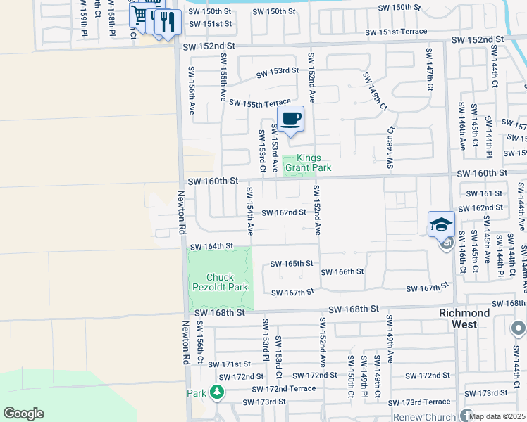 map of restaurants, bars, coffee shops, grocery stores, and more near 16110 Southwest 153rd Court in Miami