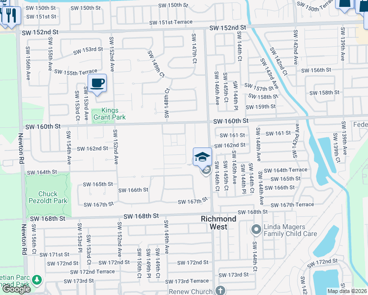 map of restaurants, bars, coffee shops, grocery stores, and more near 16180 Southwest 148th Avenue in Miami