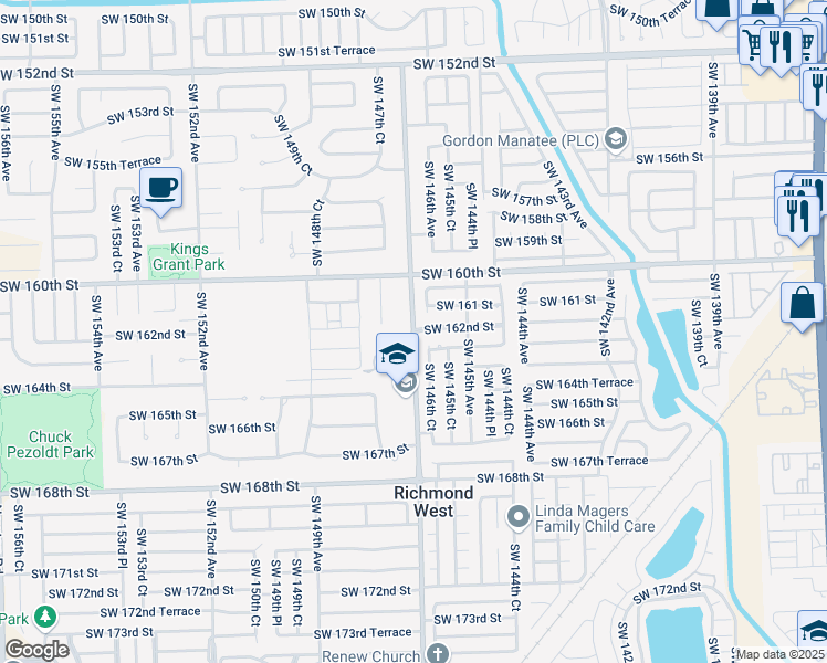 map of restaurants, bars, coffee shops, grocery stores, and more near 16100 Southwest 146th Court in Miami