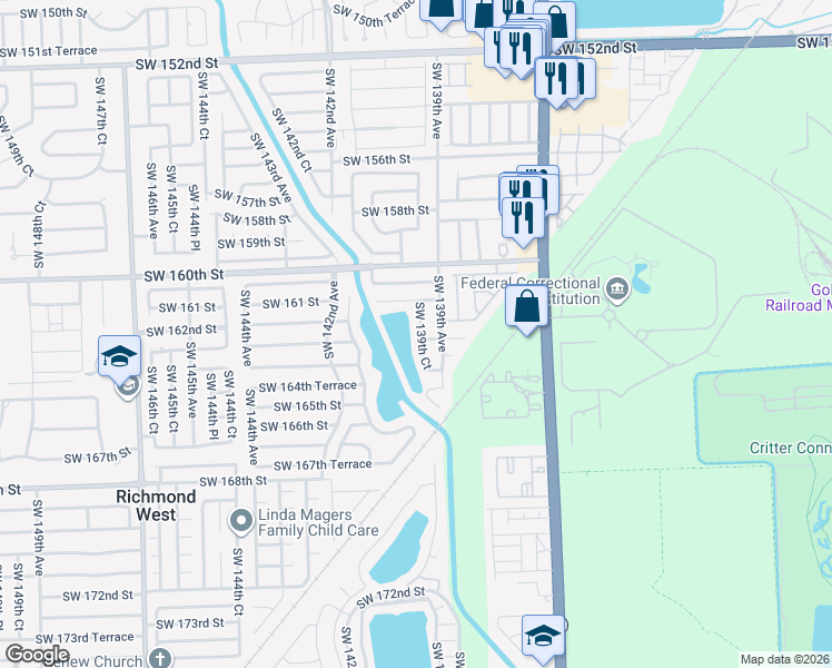 map of restaurants, bars, coffee shops, grocery stores, and more near 16172 Southwest 139th Court in Miami