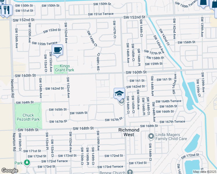 map of restaurants, bars, coffee shops, grocery stores, and more near 16180 Southwest 148th Avenue in Miami