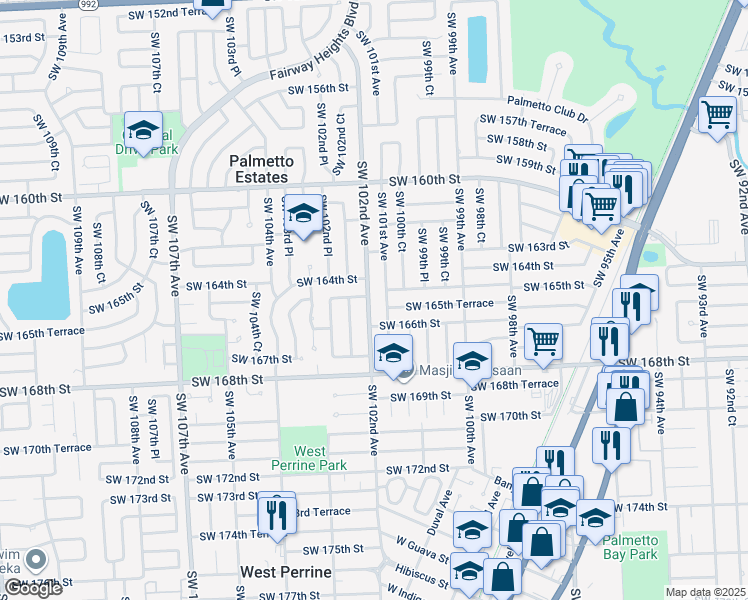 map of restaurants, bars, coffee shops, grocery stores, and more near 16421 Southwest 101st Avenue in Miami