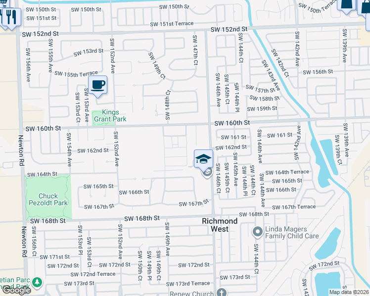 map of restaurants, bars, coffee shops, grocery stores, and more near 16180 Southwest 148th Avenue in Miami