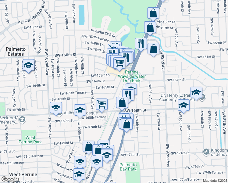 map of restaurants, bars, coffee shops, grocery stores, and more near 16501 Southwest 95th Avenue in Miami