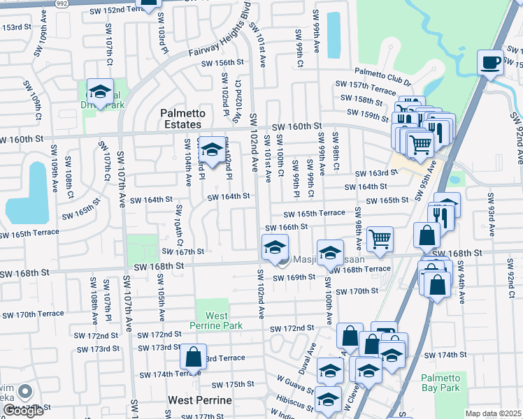 map of restaurants, bars, coffee shops, grocery stores, and more near 16421 Southwest 101st Avenue in Miami