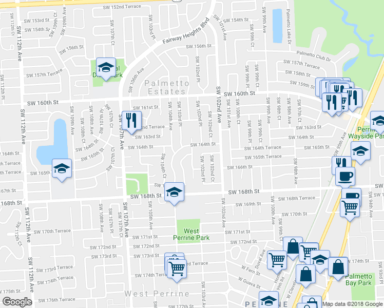 map of restaurants, bars, coffee shops, grocery stores, and more near 7844 Southwest 165th Street in Miami